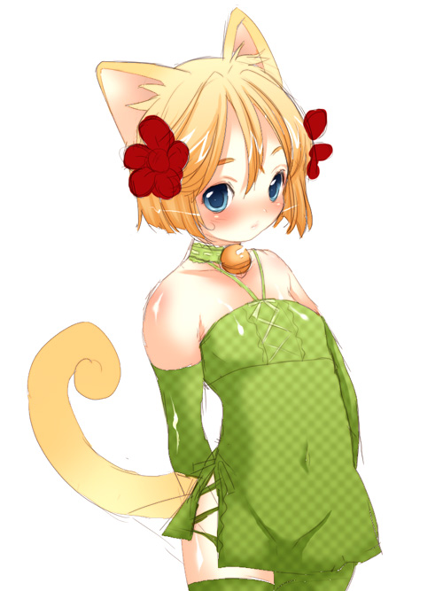 umehara emika, nekoiriri, original, 1girl, animal ears, bare shoulders, bell, blonde hair, blue eyes, cat ears, cat girl, cat tail, collar, detached sleeves, female focus, flower, hair flower, hair ornament, halterneck, jingle bell, neck bell, short hair, solo, tail