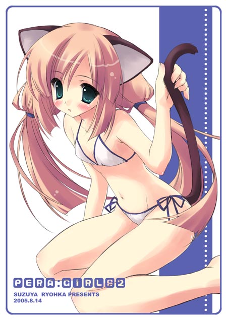 ryouka (suzuya), original, 1girl, animal ears, bikini, cat ears, cat tail, female focus, green eyes, side-tie bikini bottom, solo, swimsuit, tail, twintails, white bikini