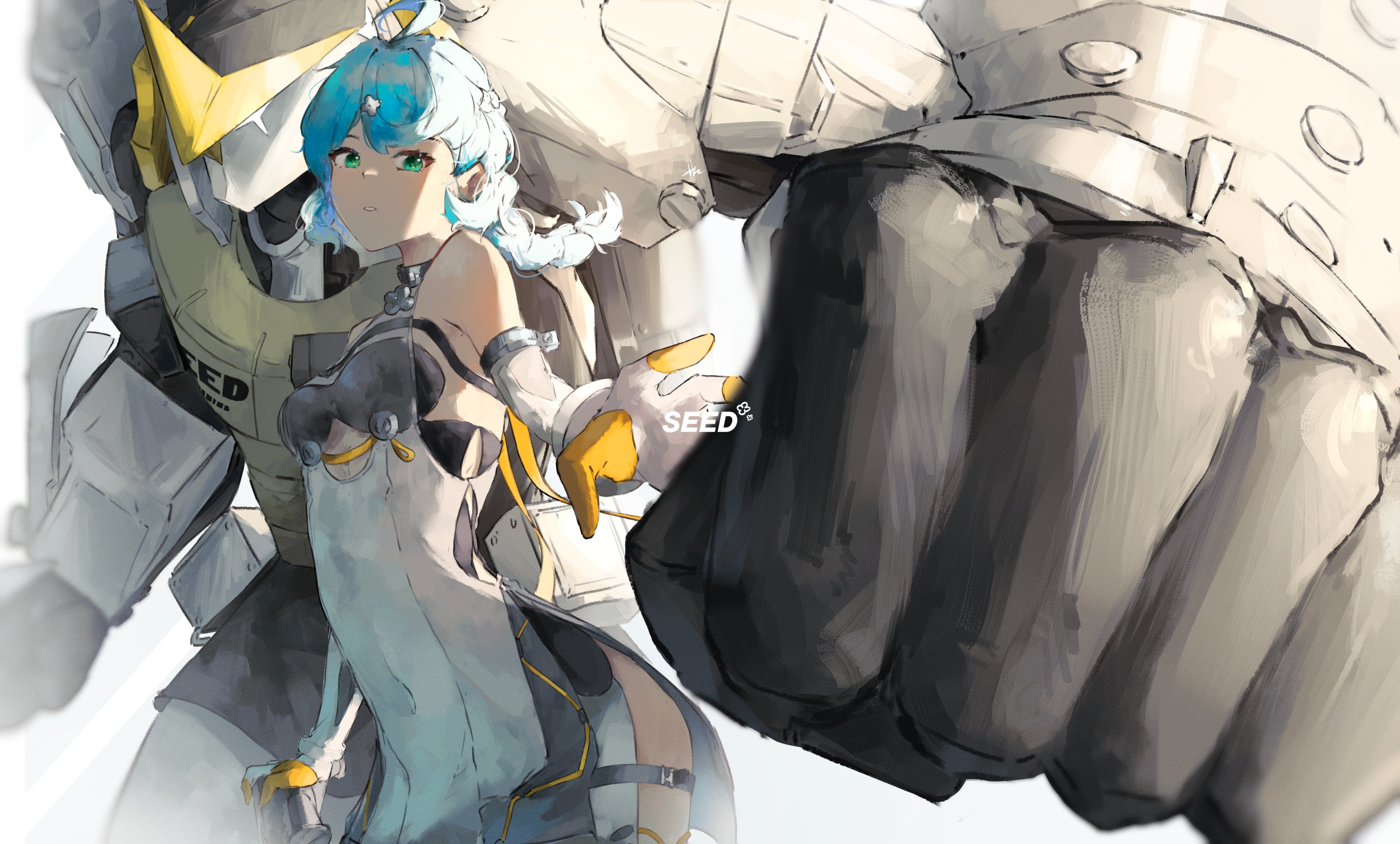 ling dianxia, thomko7, seed (zenless zone zero), zenless zone zero, absurdres, highres, blue hair, breasts, dress, feet, flower, large breasts, mecha, robot, seed sr., soles