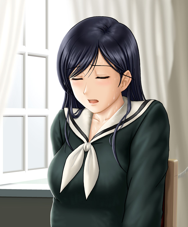 ogino atsushi, ogasawara sachiko, maria-sama ga miteru, 00s, 1girl, black hair, closed eyes, female focus, long hair, school uniform, solo, sweat
