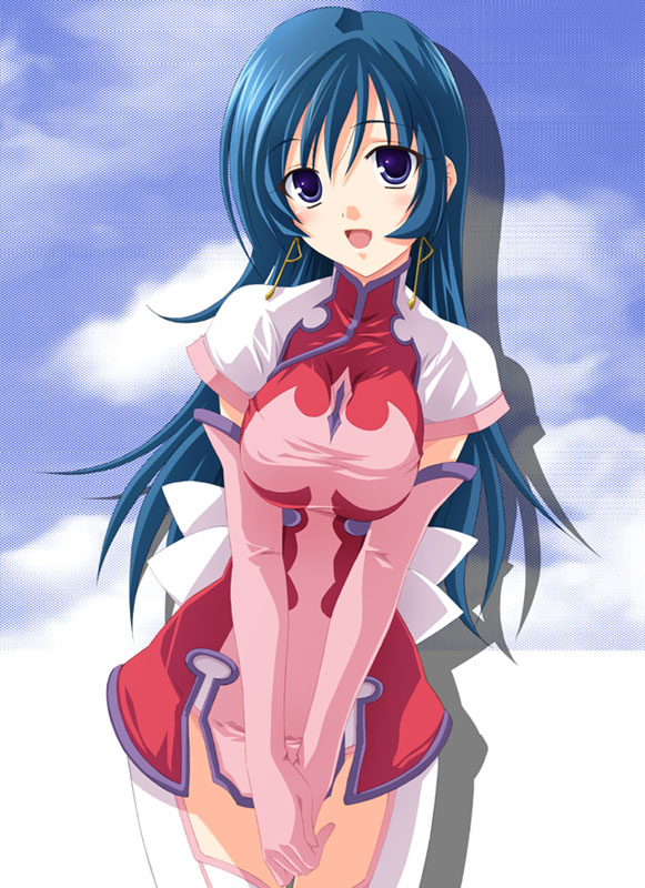 izumi mahiru, kotona elegance, zoids, zoids genesis, 00s, 1girl, :d, aqua hair, cowboy shot, dress, earrings, elbow gloves, female focus, gloves, jewelry, long hair, looking at viewer, open mouth, pink gloves, purple eyes, short dress, smile, solo, v arms
