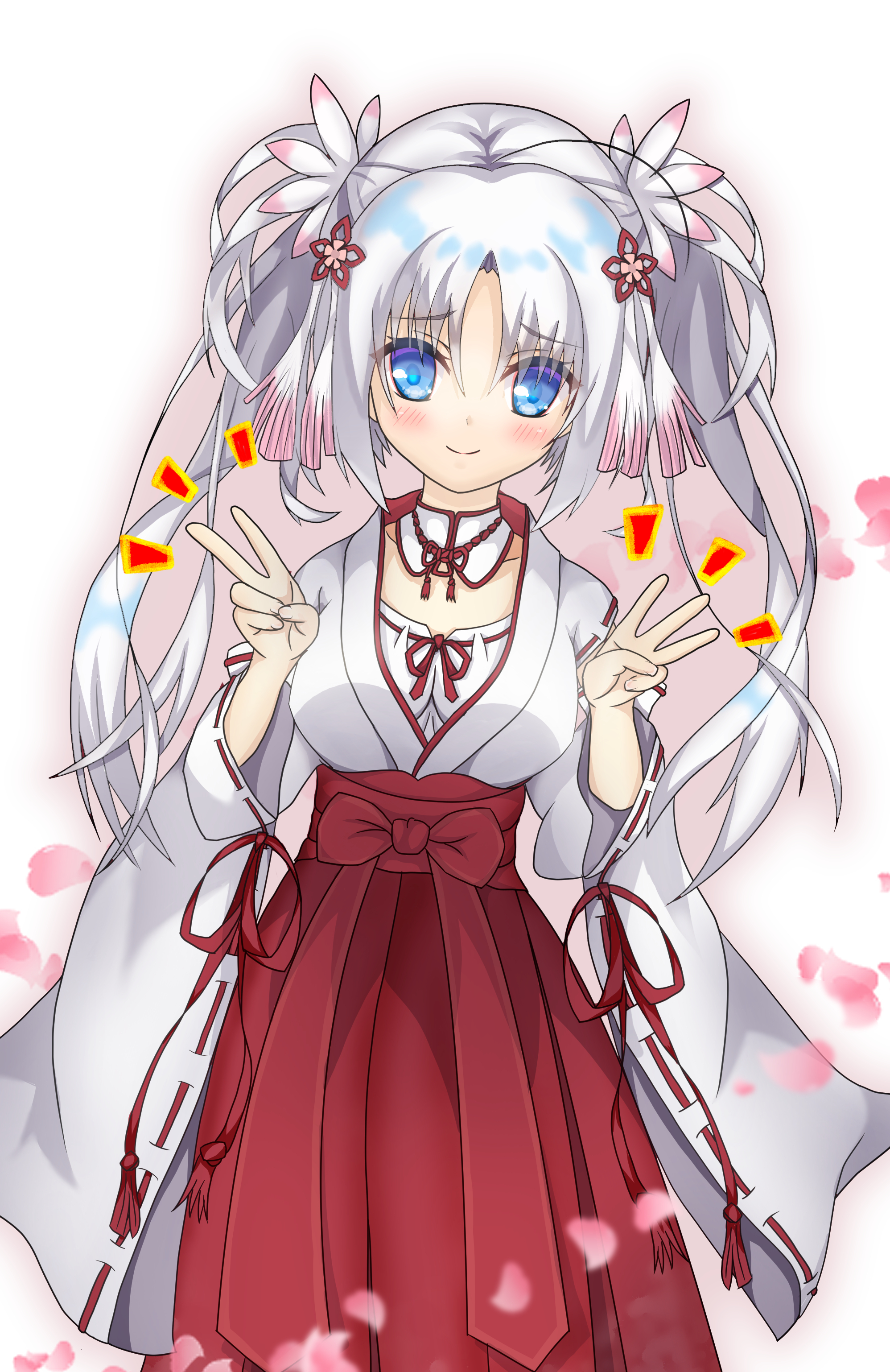 tomotake yoshino, senren banka, absurdres, commentary request, highres, 1girl, anniversary, blue eyes, blue pupils, blush, bow, bow skirt, breasts, closed mouth, detached collar, eyes visible through hair, falling petals, feet out of frame, flower, furrowed brow, hair between eyes, hair flower, hair ornament, hakama, hakama skirt, hands up, japanese clothes, kimono, large breasts, long hair, long sleeves, looking at viewer, neck tassel, nontraditional miko, notice lines, petals, red bow, red hakama, ribbon-trimmed sleeves, ribbon trim, sabarusu0130, sidelocks, simple background, skirt, smile, solo, standing, tassel, twintails, v, very long hair, white background, white flower, white hair, white kimono, wide sleeves