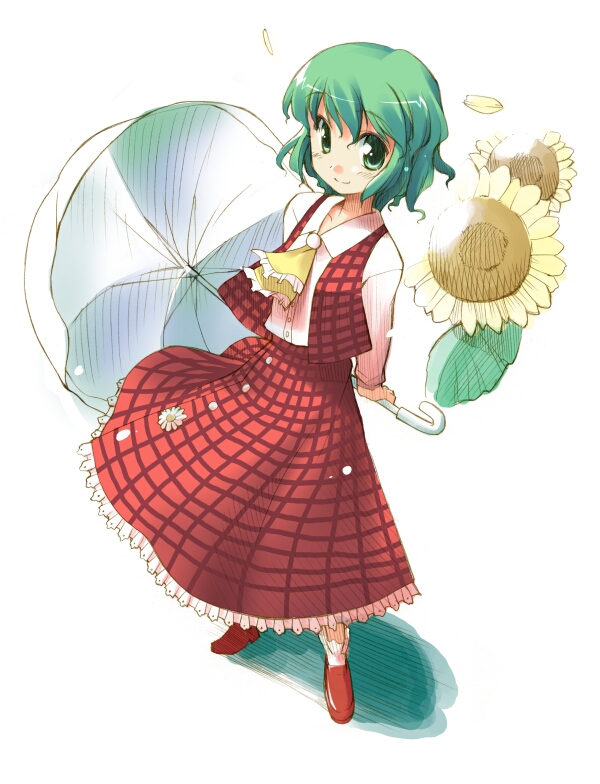 toto nemigi, kazami yuuka, mystic square, touhou, touhou (pc-98), 1girl, arms behind back, daisy (flower), dress, female focus, flower, from above, green eyes, green hair, long skirt, matching hair/eyes, parasol, plaid clothes, plaid skirt, plaid vest, red eyes, red shoes, shoes, short hair, skirt, skirt set, smile, solo, standing, sunflower, umbrella, vest