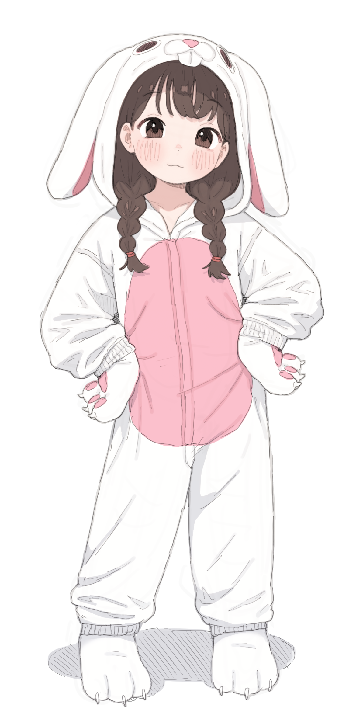 possummachine, original, commentary, english commentary, highres, 1girl, animal costume, braid, brown hair, full body, hands on own hips, looking at viewer, solo, twin braids, white background