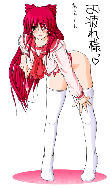 otone, kousaka tamaki, to heart (series), to heart 2, 00s, 1girl, ;), aftersex, ass, bad anatomy, bad hands, bent over, blush, bottomless, breasts, brown eyes, condom, convenient censoring, covered erect nipples, cum, female focus, full body, groin, hair between eyes, hand on own thigh, hanging breasts, heart, holding, holding condom, large breasts, long hair, long sleeves, looking at viewer, multicolored eyes, neckerchief, no panties, one eye closed, poorly drawn, red hair, school uniform, serafuku, simple background, smile, solo, standing, thighhighs, thighs, used condom, very long hair, white background, white thighhighs, wink, yellow eyes