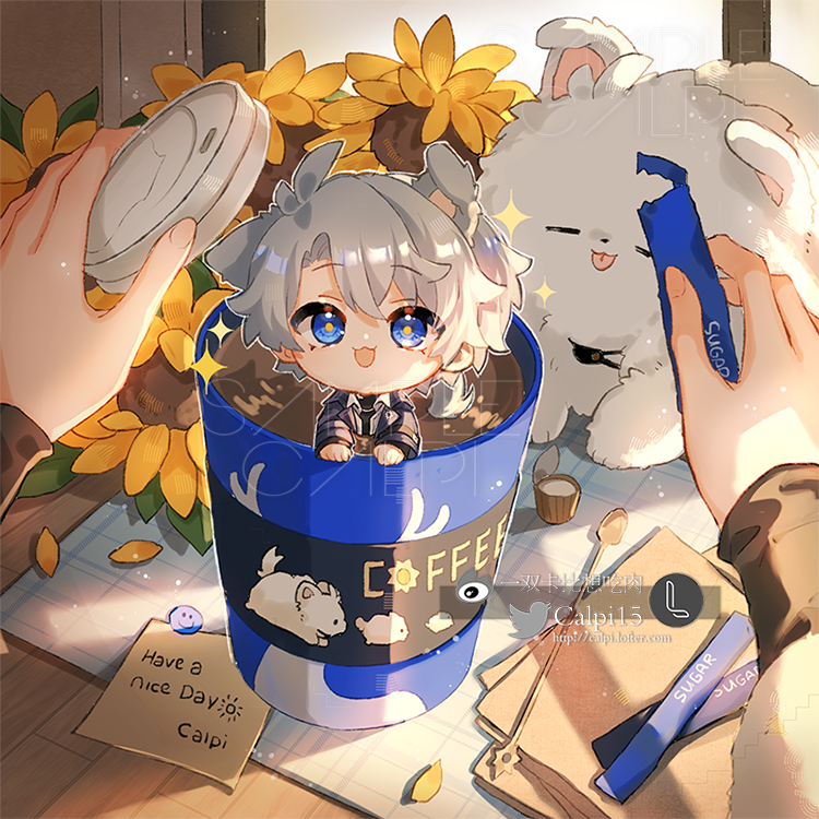 calpi15, phainon (honkai: star rail), honkai: star rail, honkai (series), commentary, english commentary, 1boy, :3, :d, animal ears, blue eyes, chibi, coat, cup, dog, dog boy, dog ears, english text, flower, grey hair, hair between eyes, indoors, looking at viewer, male focus, official alternate costume, open mouth, parted bangs, phainon (luckin coffee) (honkai: star rail), pov, purple coat, short hair, smile, solo focus, sunflower, tongue, tongue out, twitter username, watermark, white dog, window, yellow pupils