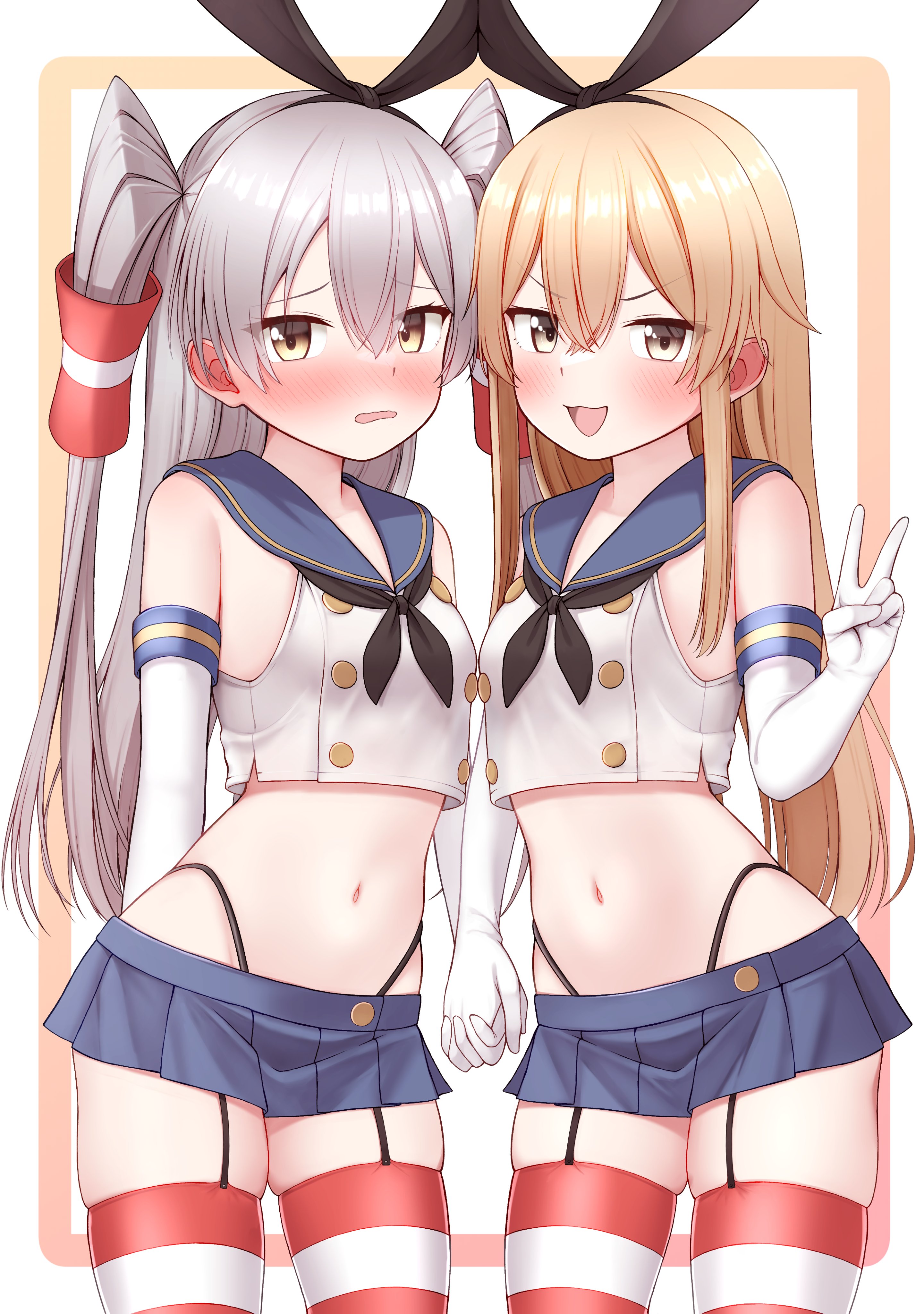 tiemu (man190), amatsukaze (kancolle), shimakaze (kancolle), kantai collection, absurdres, commentary request, commission, highres, skeb commission, 2girls, anchor hair ornament, black hairband, black neckerchief, black panties, blonde hair, blue sailor collar, blue skirt, blush, brown eyes, cosplay, cowboy shot, crop top, elbow gloves, garter straps, gloves, grey eyes, grey hair, hair ornament, hair tubes, hairband, highleg, highleg panties, holding hands, long hair, looking at viewer, matching outfits, microskirt, miniskirt, multiple girls, neckerchief, nose blush, panties, pleated skirt, sailor collar, shimakaze (kancolle) (cosplay), shirt, skirt, sleeveless, sleeveless shirt, striped clothes, striped thighhighs, thighhighs, two side up, underwear, white gloves