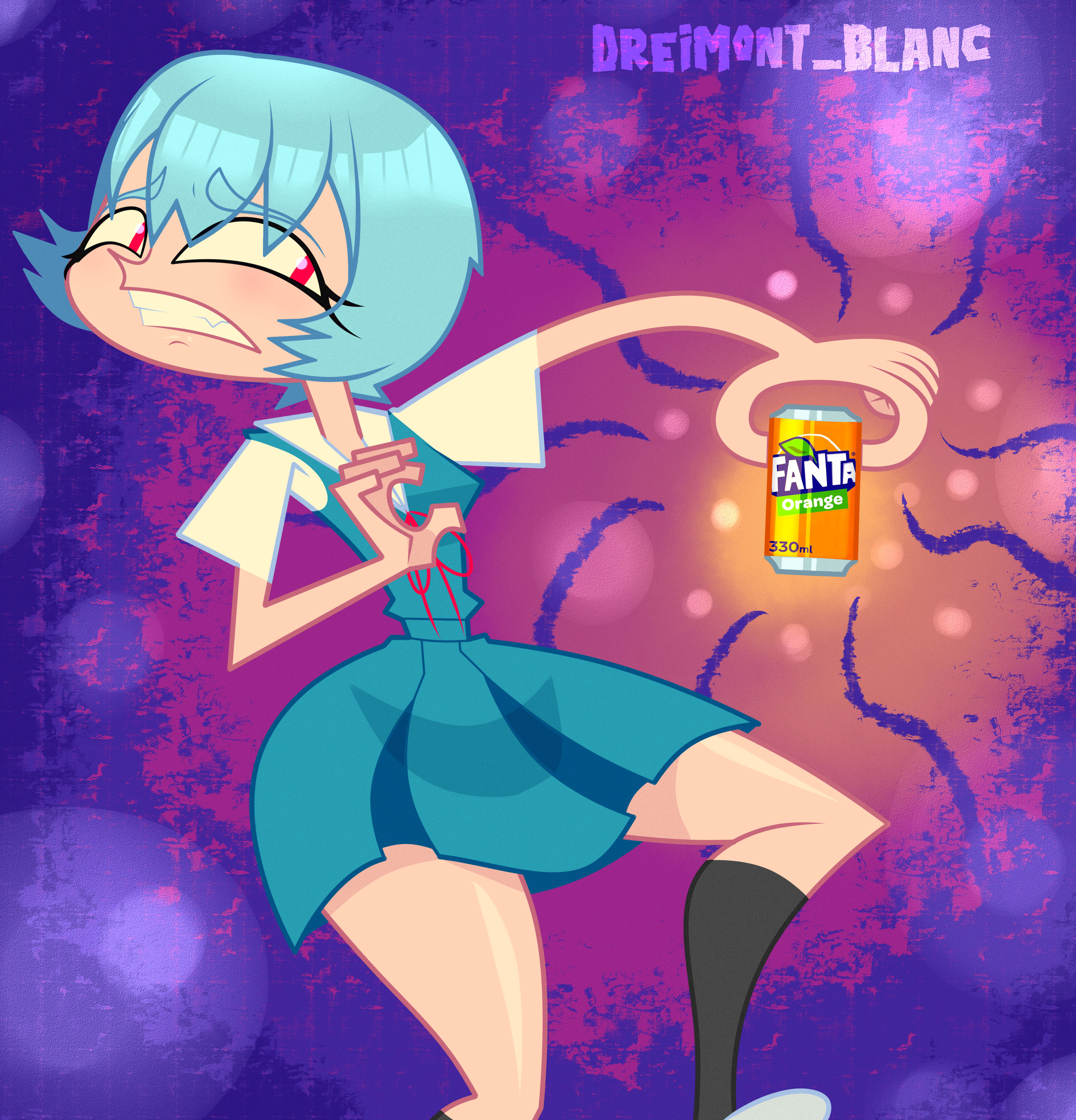 dreimont blanc, ayanami rei, fanta, neon genesis evangelion, absurdres, highres, 1boy, artist name, bare legs, blue hair, breasts, can, curvy, disgust, drink can, hair between eyes, holding, holding can, looking at viewer, pun, red eyes, sailor collar, school uniform, serafuku, short hair, skirt, tokyo-3 middle school uniform, toon (style), wide hips
