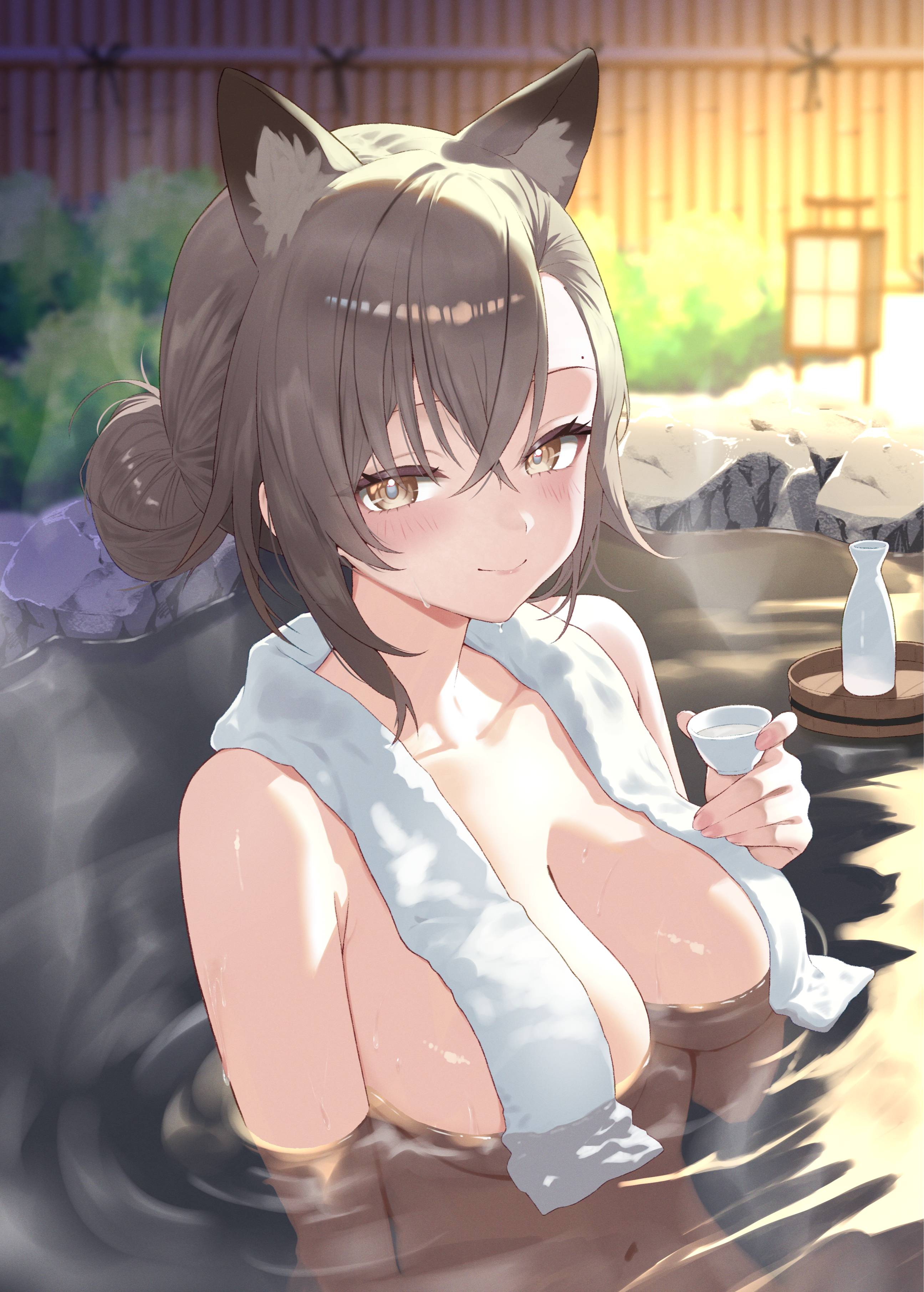 dr.lamina, penance (arknights), arknights, absurdres, highres, 1girl, alternate hairstyle, animal ear fluff, animal ears, bathing, blush, breasts, brown eyes, brown hair, choko (cup), cleavage, closed mouth, collarbone, completely nude, convenient censoring, cup, fence, hair bun, holding, holding cup, lantern, large breasts, looking at viewer, nude, onsen, outdoors, partially submerged, short hair, single hair bun, smile, solo, steam, tokkuri, towel, towel around neck, upper body, water, wolf ears