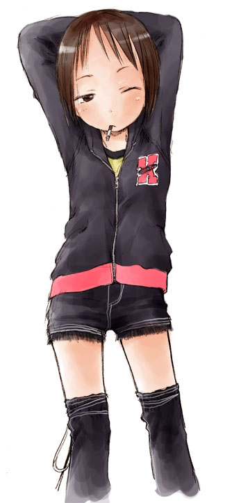 barasui, itou nobue, ichigo mashimaro, black socks, black thighhighs, breasts, child, cigarette, kneehighs, short shorts, shorts, simple background, small breasts, smoking, socks, thighhighs, thighs, white background