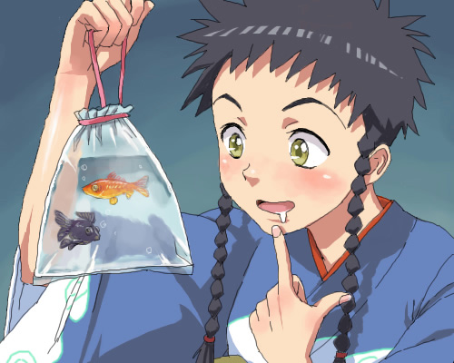 nigou, minagi mikoto, my-hime, lowres, 00s, bag, bagged fish, black hair, blush, fish, goldfish, japanese clothes, saliva, solo, yellow eyes