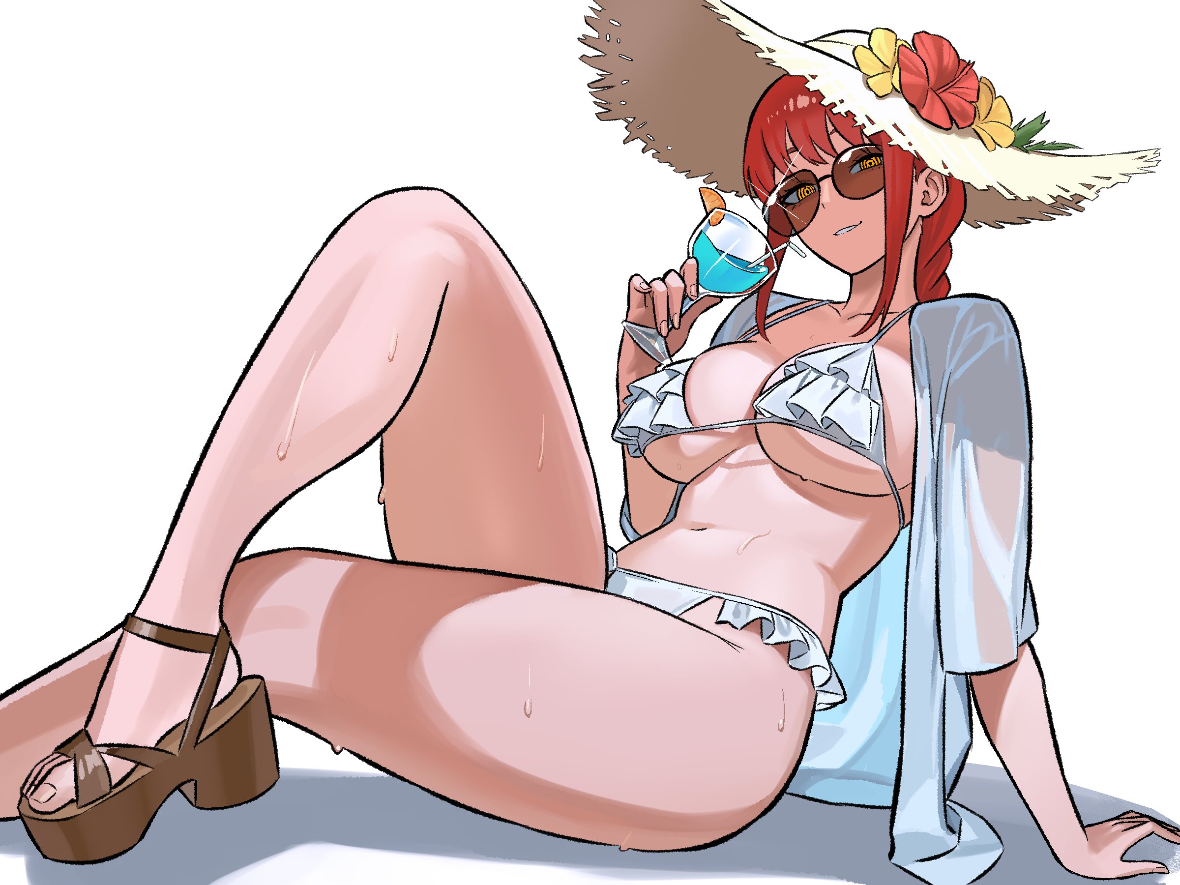 zeon (zzeeonn), makima (chainsaw man), chainsaw man, highres, 1girl, bikini, cup, frilled bikini, frills, hat, holding, holding cup, navel, red hair, ringed eyes, simple background, solo, straw hat, swimsuit, thighs, white background, white bikini, yellow eyes