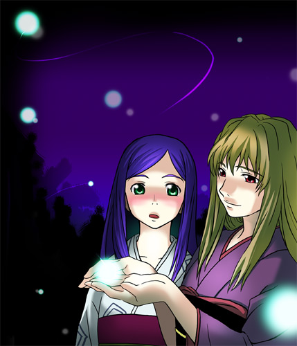 mura, mura (kiyohime), fujino shizuru, kuga natsuki, my-hime, light, lowres, 00s, 2girls, alternate costume, blonde hair, blue hair, blush, collarbone, fireflies, forest, green eyes, holding, japanese clothes, kimono, long hair, looking down, multiple girls, nature, night, night sky, obi, open mouth, outdoors, red eyes, sash, sky, smile