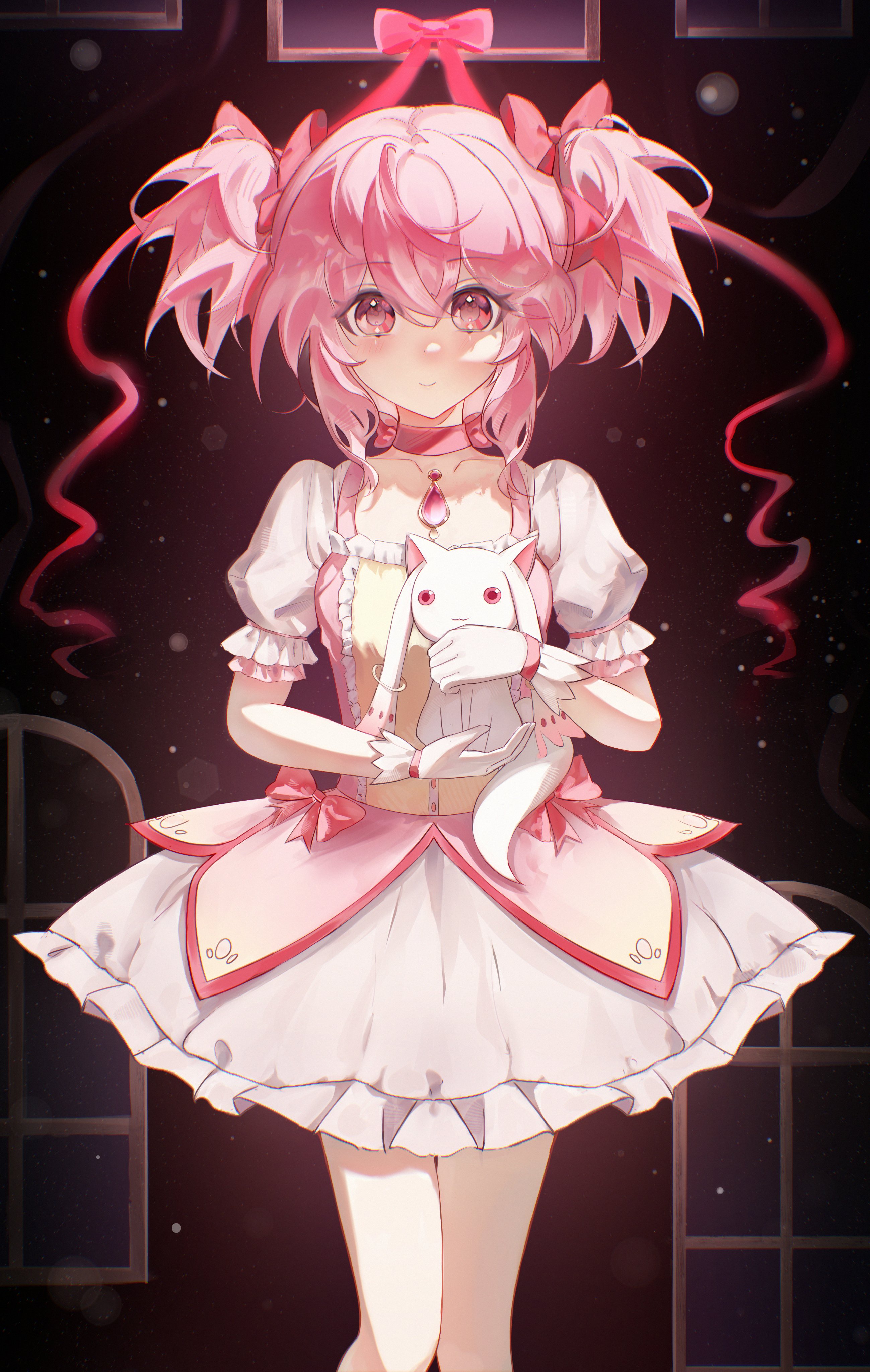 kaname madoka, kyubey, mahou shoujo madoka magica, mahou shoujo madoka magica (anime), absurdres, hashtag-only commentary, highres, 1girl, 2teaq, bow, bubble skirt, creature, dress, gloves, hair bow, holding, holding creature, lolita fashion, looking at viewer, magical girl, pink bow, pink dress, pink eyes, pink hair, puffy short sleeves, puffy sleeves, short sleeves, short twintails, skirt, twintails, white gloves, window