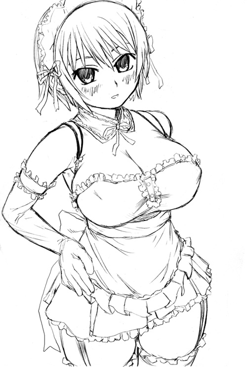 asanagi, sawatari izumi, kore ga watashi no goshujin-sama, 00s, 1girl, arm garter, bare shoulders, blush, breasts, cleavage, cowboy shot, detached collar, dress, elbow gloves, female focus, garter straps, gloves, greyscale, hand on own hip, large breasts, legs together, looking at viewer, maid, maid headdress, medium breasts, microdress, monochrome, nakabayashi yoshitaka's maid uniform, no bra, parted lips, short hair, simple background, sketch, solo, standing, thighhighs, white background, zettai ryouiki