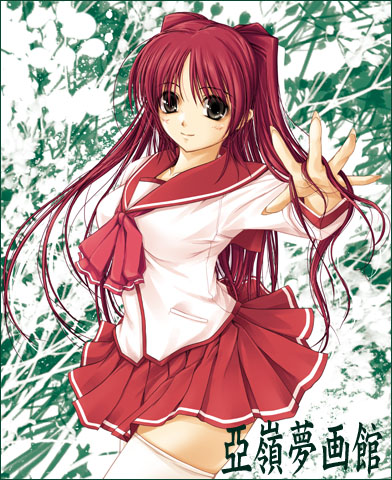 kirishima satoshi, kousaka tamaki, to heart (series), to heart 2, lowres, translation request, 00s, blush, brown eyes, long hair, miniskirt, pleated skirt, red hair, school uniform, serafuku, skirt, solo, thighhighs, zettai ryouiki