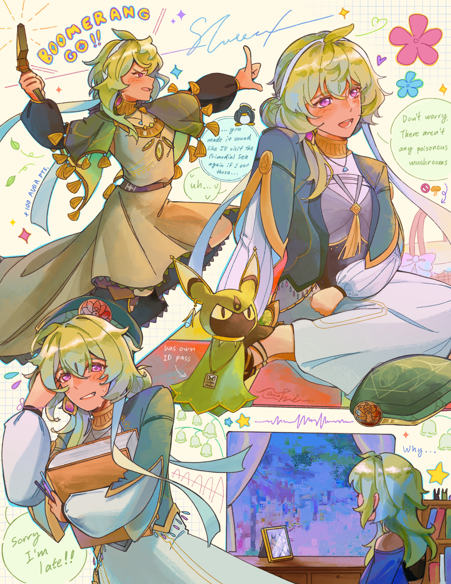 nowocchi, collei (genshin impact), cuilein-anbar (genshin impact), genshin impact, commentary, english commentary, highres, 1girl, akademiya uniform, alternate costume, book, bookshelf, boomerang, capelet, dendro symbol (genshin impact), dress, earrings, english text, flying sweatdrops, gem, green capelet, green dress, green hair, green hat, green jacket, hair between eyes, hand in own hair, hat, holding, holding book, holding boomerang, holding weapon, index finger raised, jacket, jewelry, long hair, long sleeves, looking at viewer, looking outside, multiple views, open mouth, outstretched arm, pink gemstone, puffy sleeves, purple eyes, single earring, sitting, speech bubble, standing, sweatdrop, vision (genshin impact), weapon, white dress