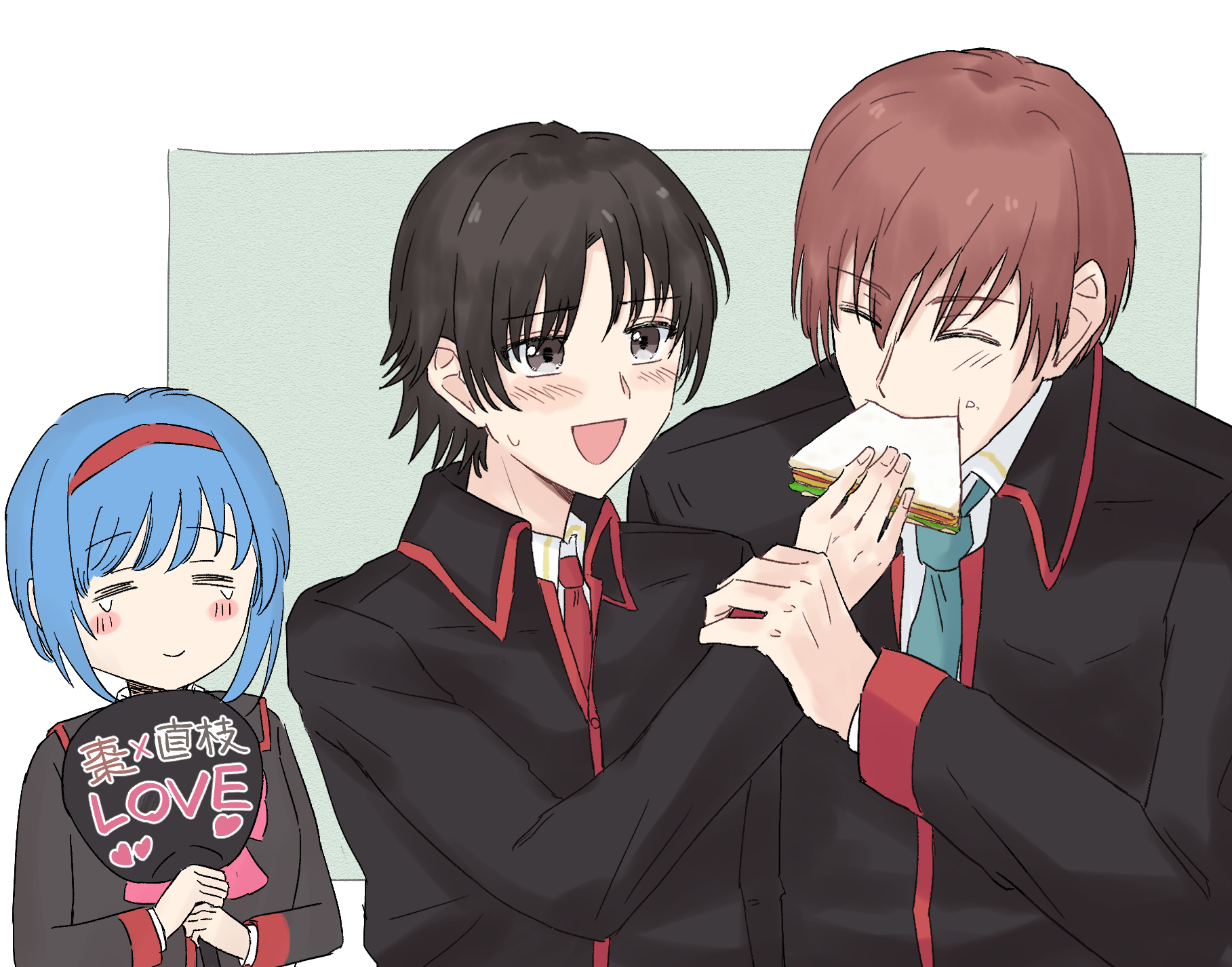 naoe riki, natsume kyousuke, nishizono mio, little busters!, commentary, highres, translated, 1girl, 2boys, = =, ^ ^, black eyes, black hair, black jacket, blue hair, blue necktie, blush, blush stickers, brown hair, character name, closed eyes, closed mouth, collared shirt, eating, embarrassed, english text, eyes visible through hair, facing another, feeding, food, food on face, fujoshi, hair between eyes, hairband, hand fan, hand up, happy, happy tears, heart, heart print, holding, holding another's wrist, holding fan, holding food, jacket, little busters! school uniform, long sleeves, looking at another, male focus, multiple boys, necktie, red hairband, red necktie, sandwich, school uniform, shirt, short hair, simple background, smile, smpthq key suki, sweatdrop, tears, two-tone background, upper body, white background, white shirt, yaoi