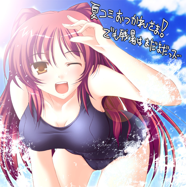 akino shin, kousaka tamaki, to heart (series), to heart 2, 00s, 1girl, blush, breasts, brown eyes, cleavage, female focus, large breasts, long hair, one-piece swimsuit, one eye closed, red hair, school swimsuit, solo, swimsuit, water, wet, wink