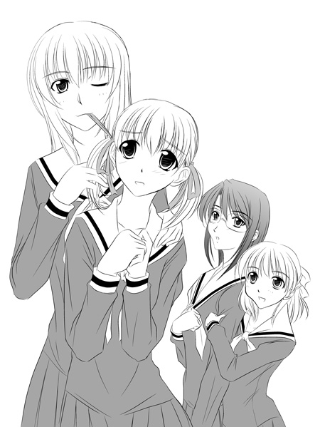 milk-candy, fukuzawa yumi, naitou shouko, satou sei, takeshima tsutako, maria-sama ga miteru, arm grab, 00s, 4girls, bad anatomy, blush, glasses, greyscale, hair ribbon, hands on own chest, height difference, long hair, looking at another, monochrome, mouth hold, multiple girls, poorly drawn, ribbon, school uniform, serafuku, short hair, shouko, simple background, smile, twintails, untying
