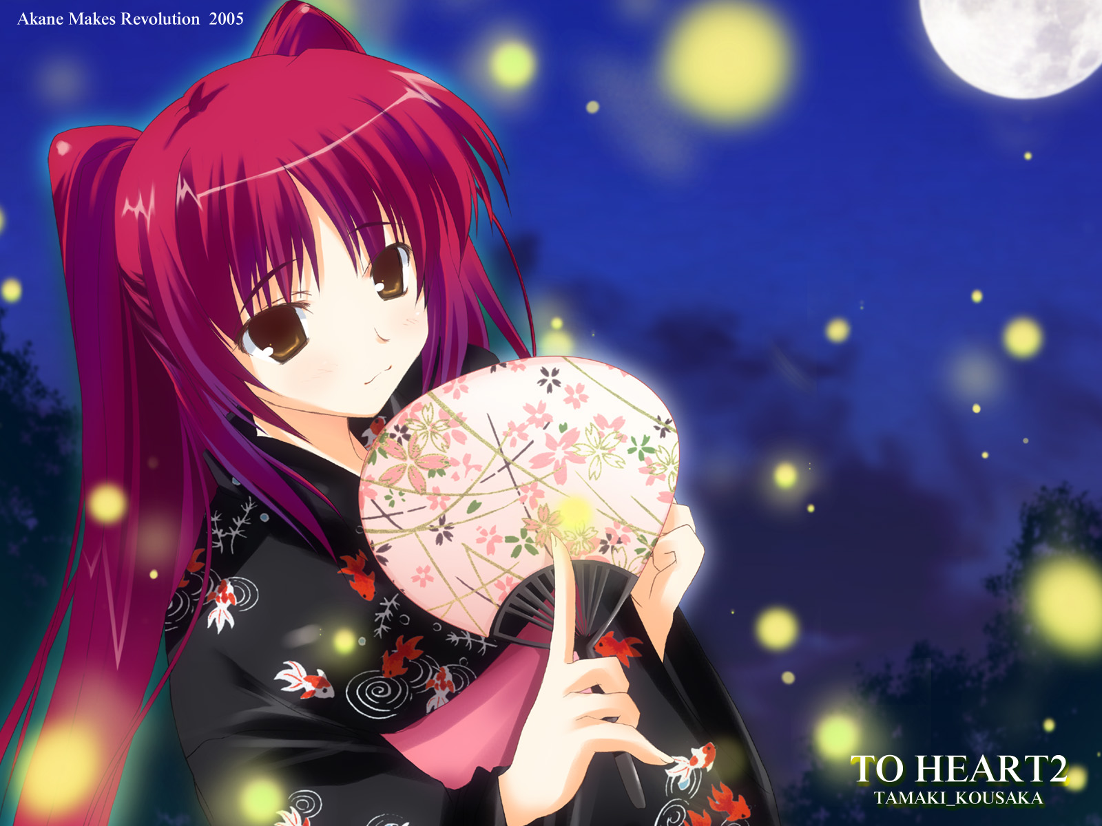 ikegami akane, kousaka tamaki, to heart (series), to heart 2, highres, 00s, 1girl, 2005, blush, brown eyes, character name, copyright name, female focus, hand fan, japanese clothes, kimono, long hair, obi, paper fan, red hair, sash, solo, uchiwa, yukata