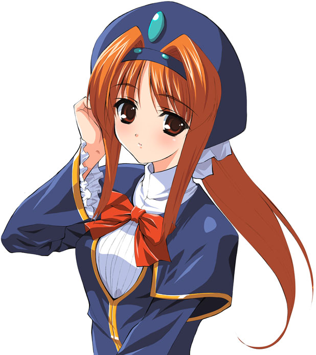 hikari (kono minikuku), hikari (kono minikuku mo utsukushii sekai), hikari (konomini), kono minikuku mo utsukushii sekai, 1girl, blue hat, bow, dress, female focus, frills, hat, konomini, layered dress, orange hair, ponytail, red eyes, red hair, simple background, solo, white background