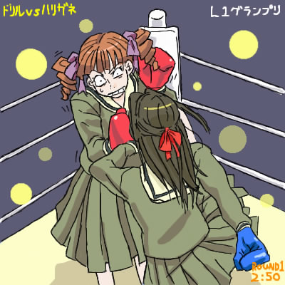 hosokawa kanako, matsudaira touko, maria-sama ga miteru, lowres, 00s, 2girls, arena, battle, bow, boxing, boxing gloves, boxing ring, brown hair, fighting, hair bow, half updo, multiple girls, oekaki, school uniform