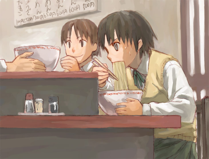 original, 2girls, androgynous, black hair, bowl, brown hair, chopsticks, eating, food, meandros, multiple girls, noodles, ramen, restaurant, school uniform, serafuku, short hair, sitting, skirt, soy sauce, sweat, sweater vest