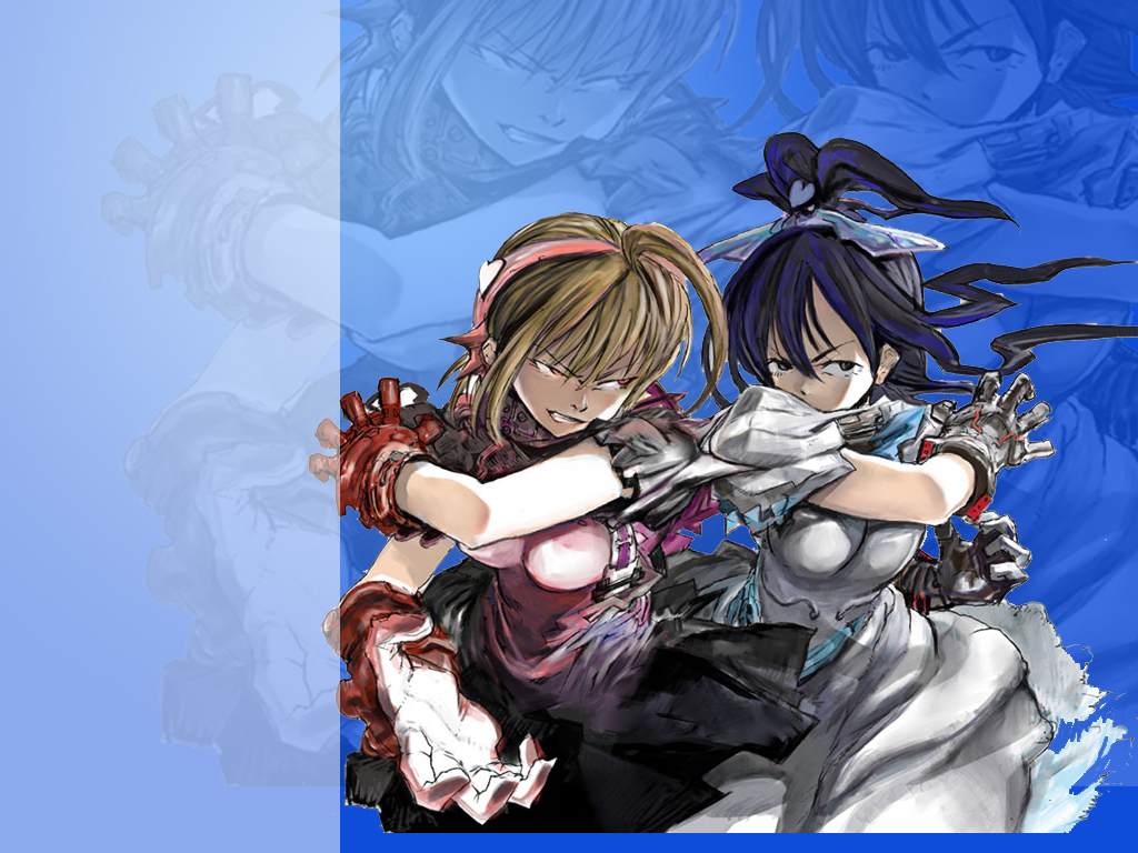 kodama yuuki, cure black, cure white, misumi nagisa, yukishiro honoka, futari wa precure, precure, 00s, 2girls, black eyes, black hair, blue background, brown hair, gloves, half updo, long hair, magical girl, multiple girls, red eyes, short hair, zoom layer