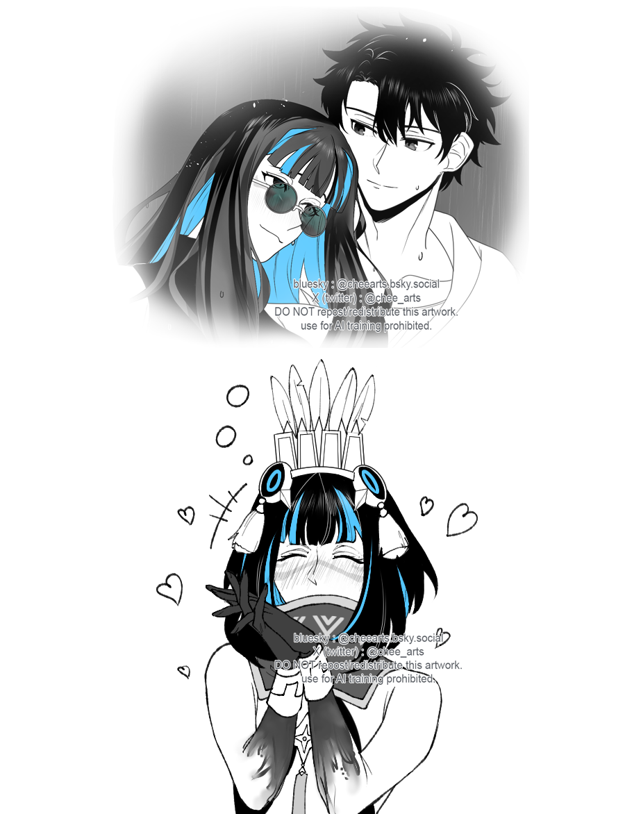 chee arts, fujimaru ritsuka (male), tenochtitlan (fate), tenochtitlan (first ascension) (fate), tenochtitlan (second ascension) (fate), fate/grand order, fate (series), commentary request, 1boy, 1girl, artist name, bare shoulders, black hair, blood, blood on hands, blue hair, blush, closed eyes, glasses, heart, hetero, imagining, long hair, multicolored hair, own hands together, rain, short hair, sunglasses, two-tone hair, watermark, web address, wet