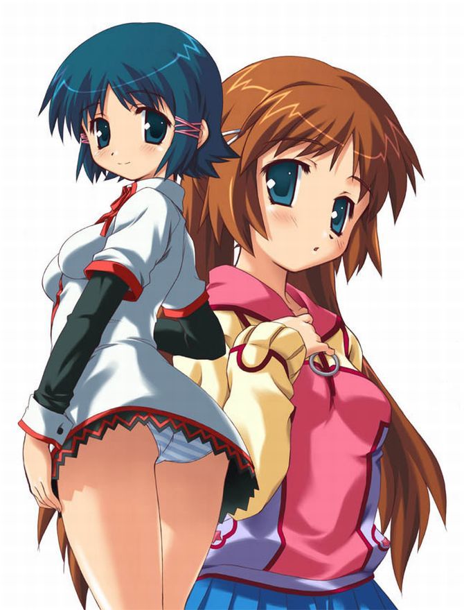 yukari, fushimi yukari, satsuki, yuasa satsuki, routes, 2girls, back, blue eyes, blue hair, blue panties, blush, brown hair, dress, hair ornament, hairclip, hood, hoodie, long hair, long sleeves, looking back, miniskirt, multiple girls, panties, pantyshot, short dress, short hair, skirt, standing, striped clothes, striped panties, underwear