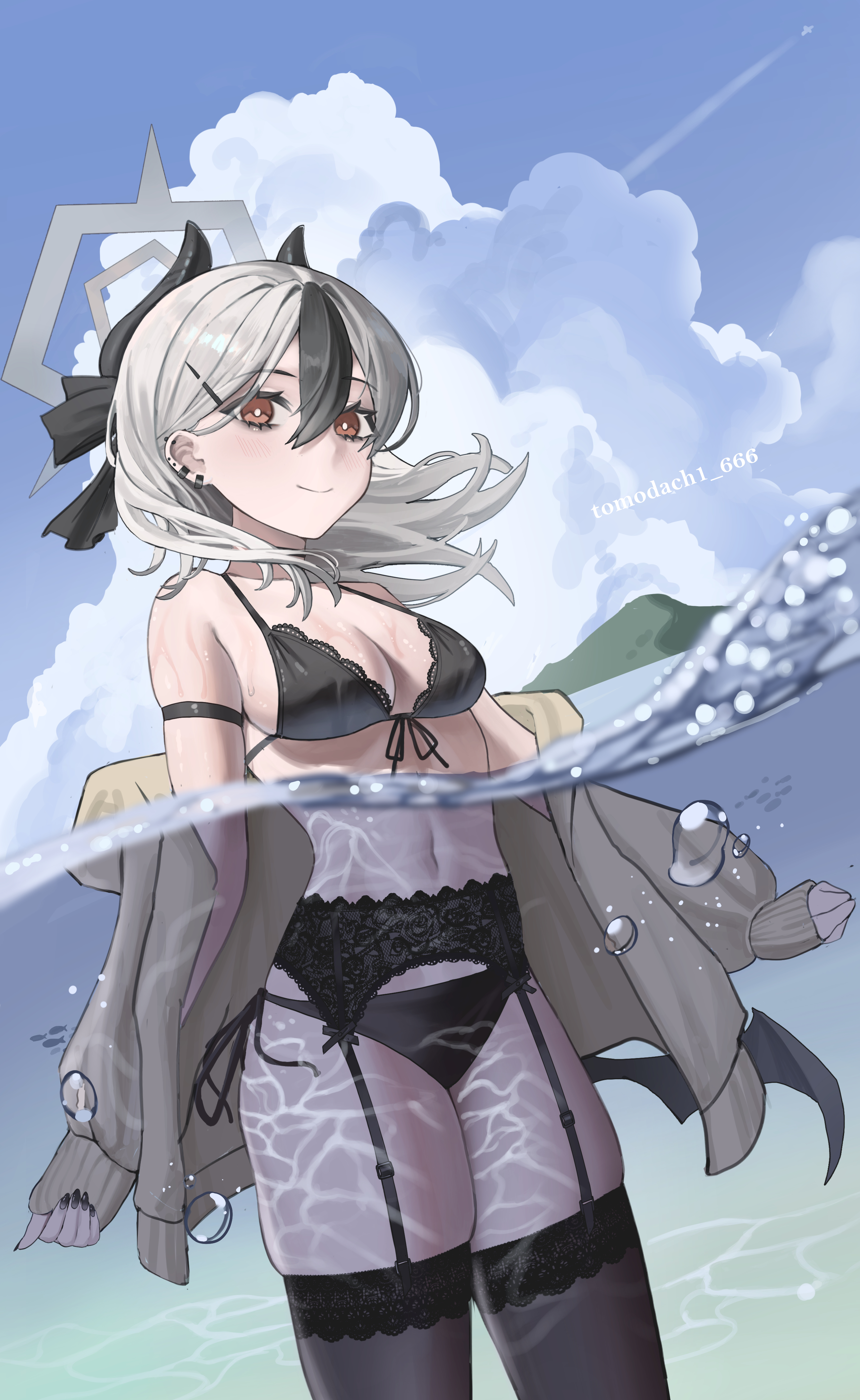 tomodach1666, kayoko (blue archive), blue archive, absurdres, highres, 1girl, artist name, black bra, black garter belt, black garter straps, black hair, black horns, black panties, black thighhighs, blush, bra, breasts, brown jacket, cloud, demon horns, earclip, front-tie bra, garter belt, garter straps, grey halo, hair between eyes, halo, horns, jacket, long hair, looking at viewer, multicolored hair, navel, ocean, off shoulder, outdoors, panties, partially submerged, piercing, red eyes, side-tie panties, single wing, sky, solo, thighhighs, two-tone hair, underwear, white hair, wings