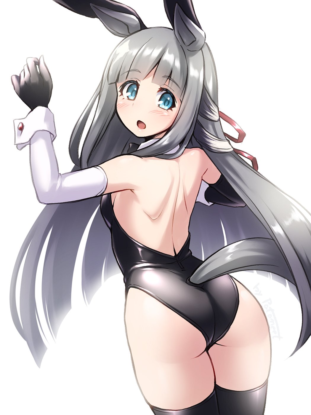 pataneet, chrono genesis (umamusume), umamusume, highres, 1girl, animal ear hairband, animal ears, aqua eyes, ass, backless leotard, black bow, black bowtie, black gloves, black leotard, blunt bangs, bow, bowtie, detached collar, fake animal ears, from behind, gloves, grey hair, hairband, horse ears, horse tail, leotard, long hair, playboy bunny, rabbit ears, simple background, solo, strapless, strapless leotard, tail, white arm warmers, white background, wrist cuffs
