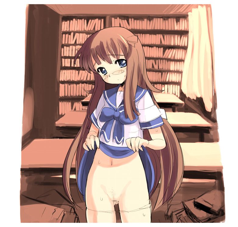 sikorsky, md5 mismatch, 1girl, bookshelf, brown hair, censored, clothes lift, female focus, glasses, lifting own clothes, long hair, mosaic censoring, no panties, school uniform, serafuku, skirt, skirt lift, solo, thighhighs, very long hair