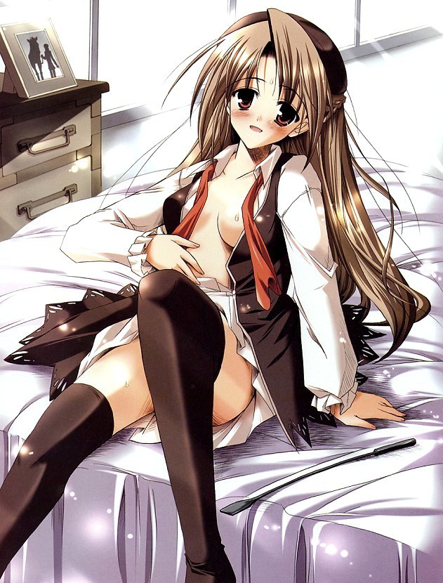 misakura nankotsu, dengeki moeoh, black thighhighs, open clothes, open shirt, pleated skirt, school uniform, serafuku, shirt, skirt, solo, thighhighs, zettai ryouiki