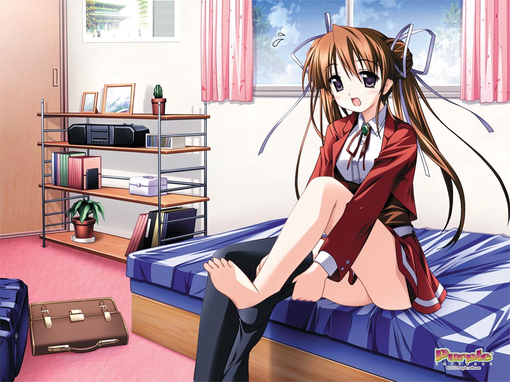 iwasaki kouji, ashitaba yuuri, majipuri, purple software, yuuri, non-web source, 1girl, bad anatomy, bad feet, bag, barefoot, bed, bedroom, black thighhighs, blazer, blush, book, brooch, brown hair, cactus, curtains, double bun, dressing, feet, female focus, hair bun, hair ribbon, indoors, jacket, jewelry, leg up, long hair, open mouth, photo (object), plant, poorly drawn, potted plant, purple eyes, ribbon, school bag, school uniform, single thighhigh, sitting, skirt, sky, soles, solo, surprised, sweatdrop, thighhighs, toes, twintails, window