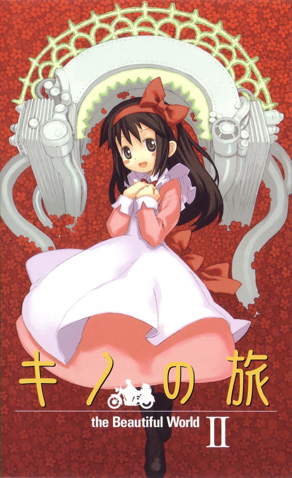 kuroboshi kouhaku, kino (kino no tabi), kino no tabi, highres, official art, 00s, 1girl, aged down, black hair, black pantyhose, bow, brown eyes, child, cover, cover page, dress, female focus, flower, full body, hair ribbon, kinonotabi, long hair, open mouth, pantyhose, ribbon, smile, solo