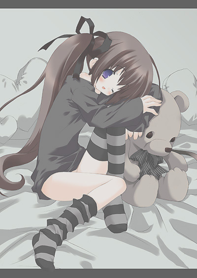 morinaga korune, copyright request, 1girl, bed, black hair, blue eyes, candy, female focus, food, letterboxed, loli, lollipop, long hair, no panties, one eye closed, solo, striped clothes, striped thighhighs, stuffed animal, stuffed toy, teddy bear, thighhighs, twintails, wink
