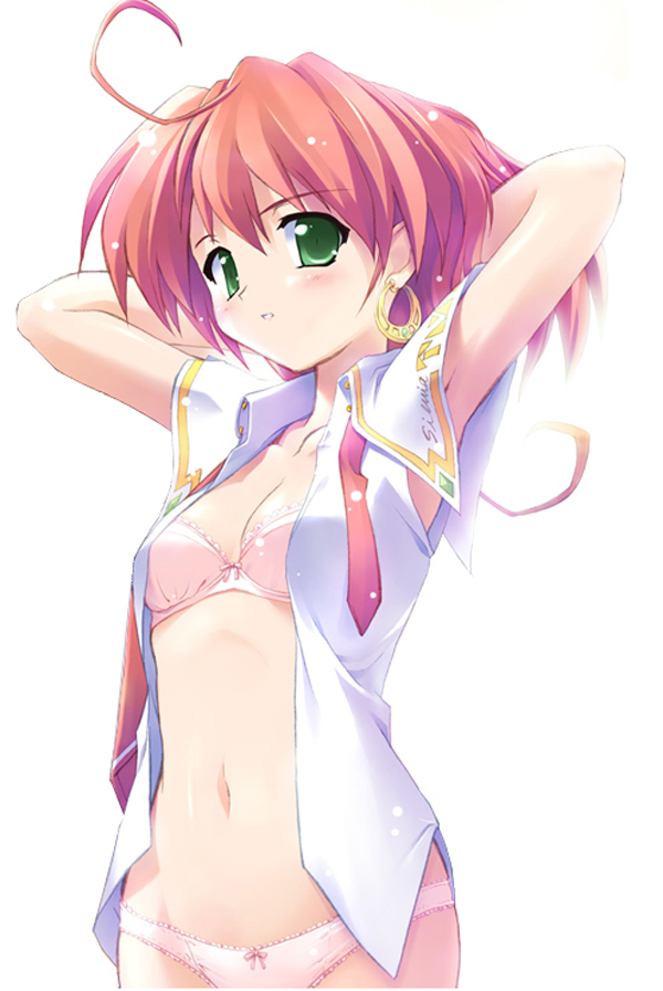 komatsu eiji, silvia aizetto, majokko a la mode, 1girl, ahoge, armpits, arms up, blush, bow, bow bra, bow panties, bra, breasts, cleavage, earrings, female focus, green eyes, jewelry, lace, lace-trimmed panties, lace trim, lingerie, medium breasts, navel, necktie, no pants, open clothes, open shirt, panties, pink bra, pink hair, pink panties, shirt, sleeveless, solo, standing, underwear