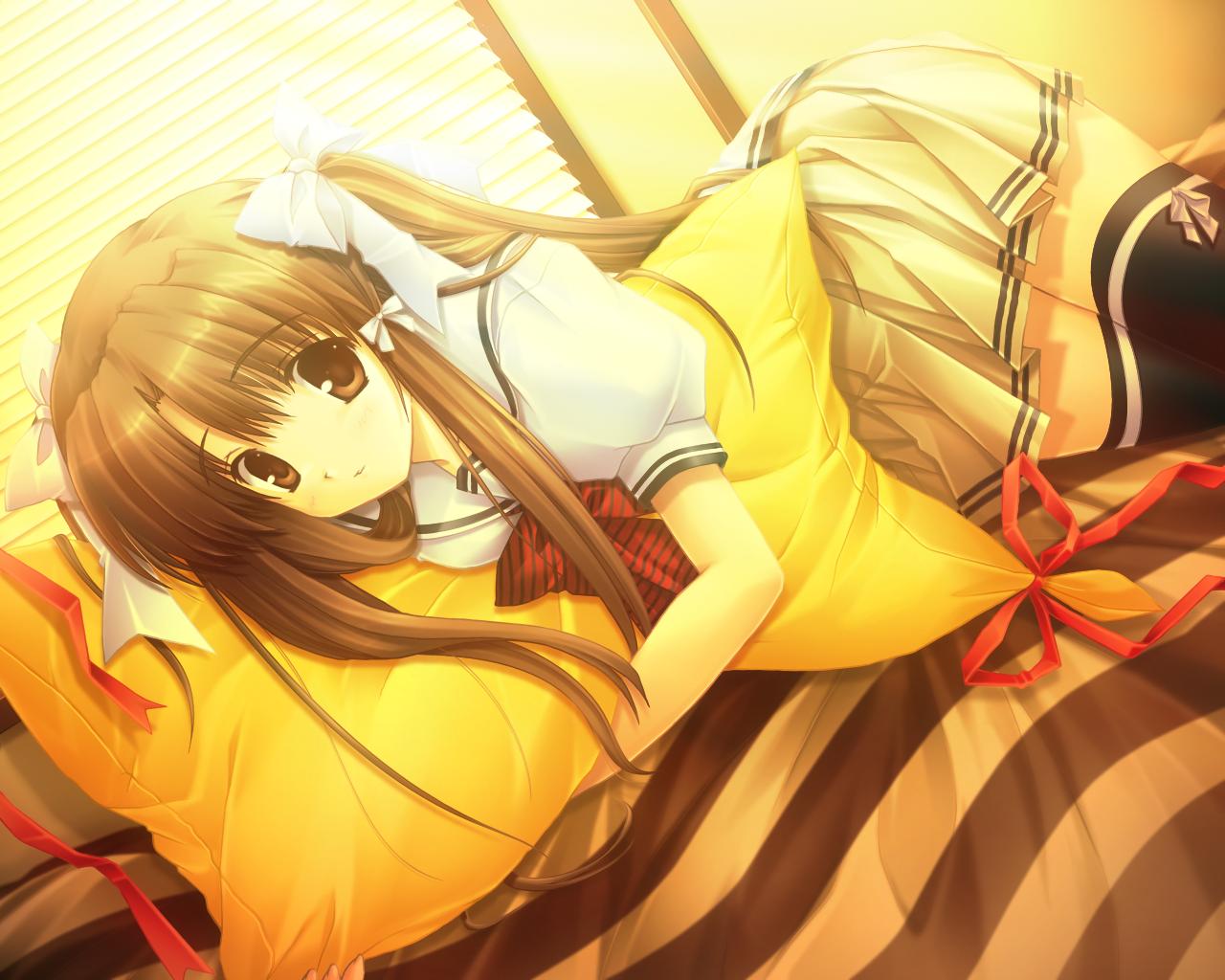 ikegami akane, yamabuki sayuki, lost passage, 1girl, bed, black thighhighs, bow, bowtie, cowboy shot, female focus, hugging object, indoors, miniskirt, pillow, pillow hug, pleated skirt, red bow, red bowtie, school uniform, serafuku, skirt, solo, striped bow, striped bowtie, striped clothes, thighhighs, twintails, two side up, window blinds, zettai ryouiki