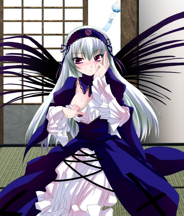 suigintou, rozen maiden, 00s, 1girl, blush, dress, female focus, gothic lolita, hairband, lolita fashion, long hair, purple eyes, sliding doors, solo, sweat, white hair, wings