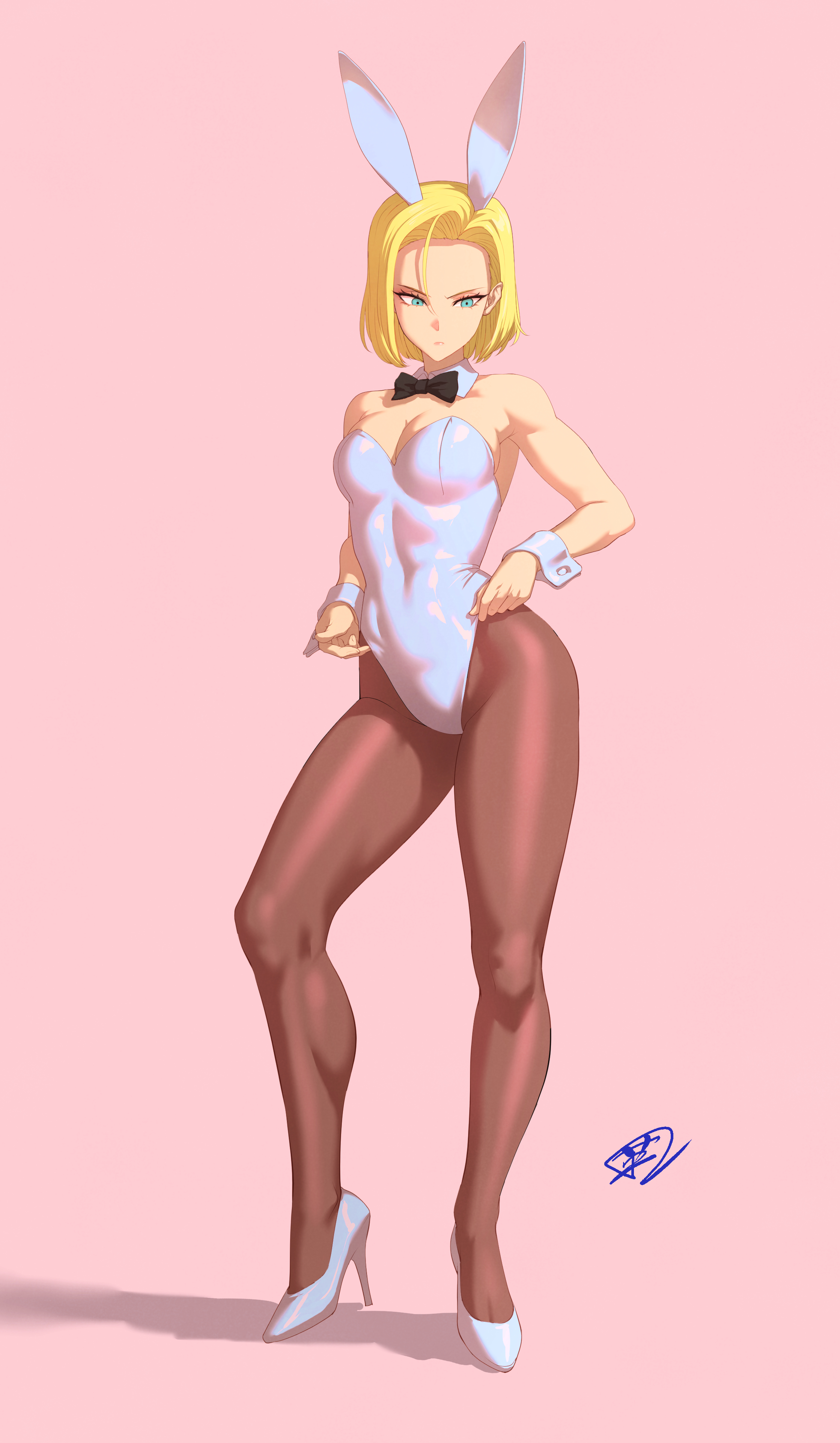 fujii eishun, android 18, absurdres, highres, 1girl, animal ears, blonde hair, contrapposto, green eyes, high heels, leotard, pantyhose, pink background, playboy bunny, rabbit ears, signature, solo, strapless, strapless leotard
