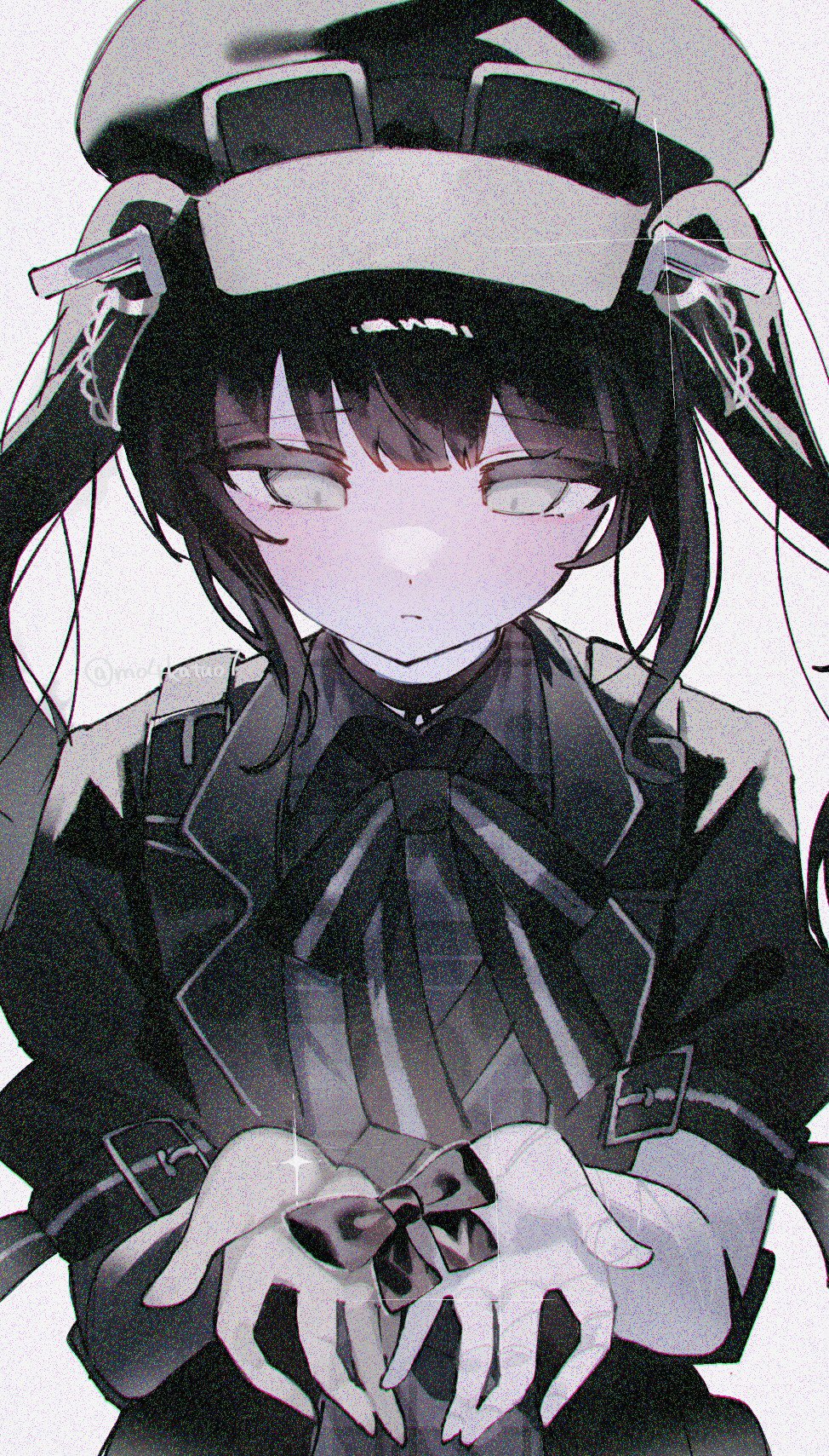 simple ice, mahou shoujo no majo saiban, highres, 1girl, black dress, black hair, black hat, black necktie, black ribbon, dress, film grain, goggles, goggles on headwear, hat, heavy film grain, kurobe nanoka, long hair, looking down, magical girl, necktie, presenting, ribbon, sad, simple background, solo, white background