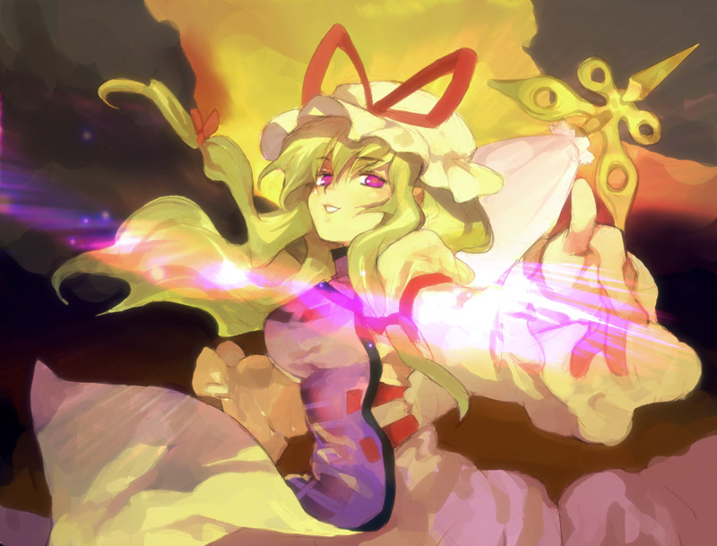 2no, ninomoto, yakumo yukari, touhou, 1girl, blonde hair, breasts, closed umbrella, dress, female focus, grin, hat, hat ribbon, juliet sleeves, long hair, long sleeves, looking at viewer, mob cap, pink eyes, pointing, pointing at viewer, puffy sleeves, purple eyes, ribbon, smile, solo, tabard, umbrella, white dress, white hat
