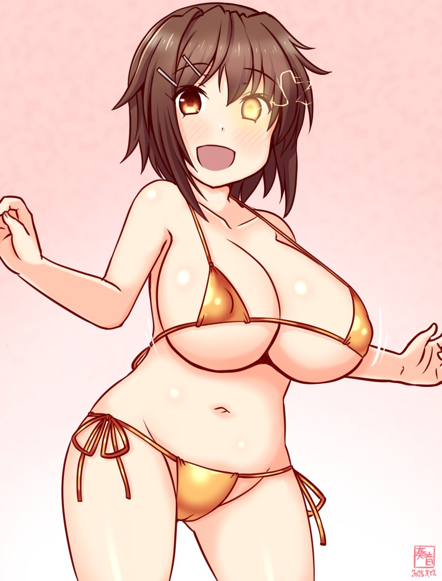 kanon (kurogane knights), furutaka (kancolle), kantai collection, commentary request, 1girl, alternate costume, artist logo, bikini, breasts, brown eyes, brown hair, covered erect nipples, cowboy shot, dated, glowing, glowing eye, gold bikini, gradient background, hair ornament, hairclip, heterochromia, large breasts, logo, micro bikini, one-hour drawing challenge, pink background, short hair, side-tie bikini bottom, smile, solo, standing, swimsuit, yellow eyes