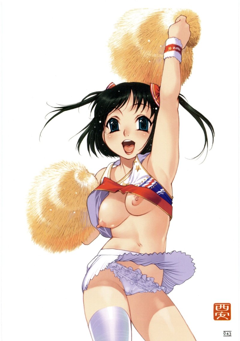 nishi iori, pantyshot (standing), 1girl, asymmetrical clothes, bow, bow panties, breasts, cheerleader, frilled panties, frills, midriff, miniskirt, nipples, open clothes, open shirt, panties, pantyshot, pom pom (cheerleading), shirt, single thighhigh, skirt, solo, standing, thighhighs, underwear, upskirt, white panties