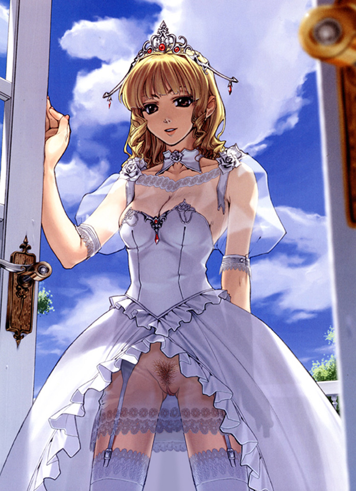 hidari (left side), lace-trimmed legwear, jpeg artifacts, source request, third-party edit, 1girl, armpits, bare shoulders, blonde hair, blue sky, bottomless, breasts, bride, cleavage, cowboy shot, crown, day, door, dress, exhibitionism, female focus, female pubic hair, garter belt, gown, hat, lace, lace trim, lingerie, medium breasts, no panties, open clothes, open skirt, princess, pubic hair, public indecency, pussy, revealing clothes, see-through clothes, skirt, sky, solo, standing, thighhighs, tiara, uncensored, underwear, wedding, wedding dress, white dress, white thighhighs