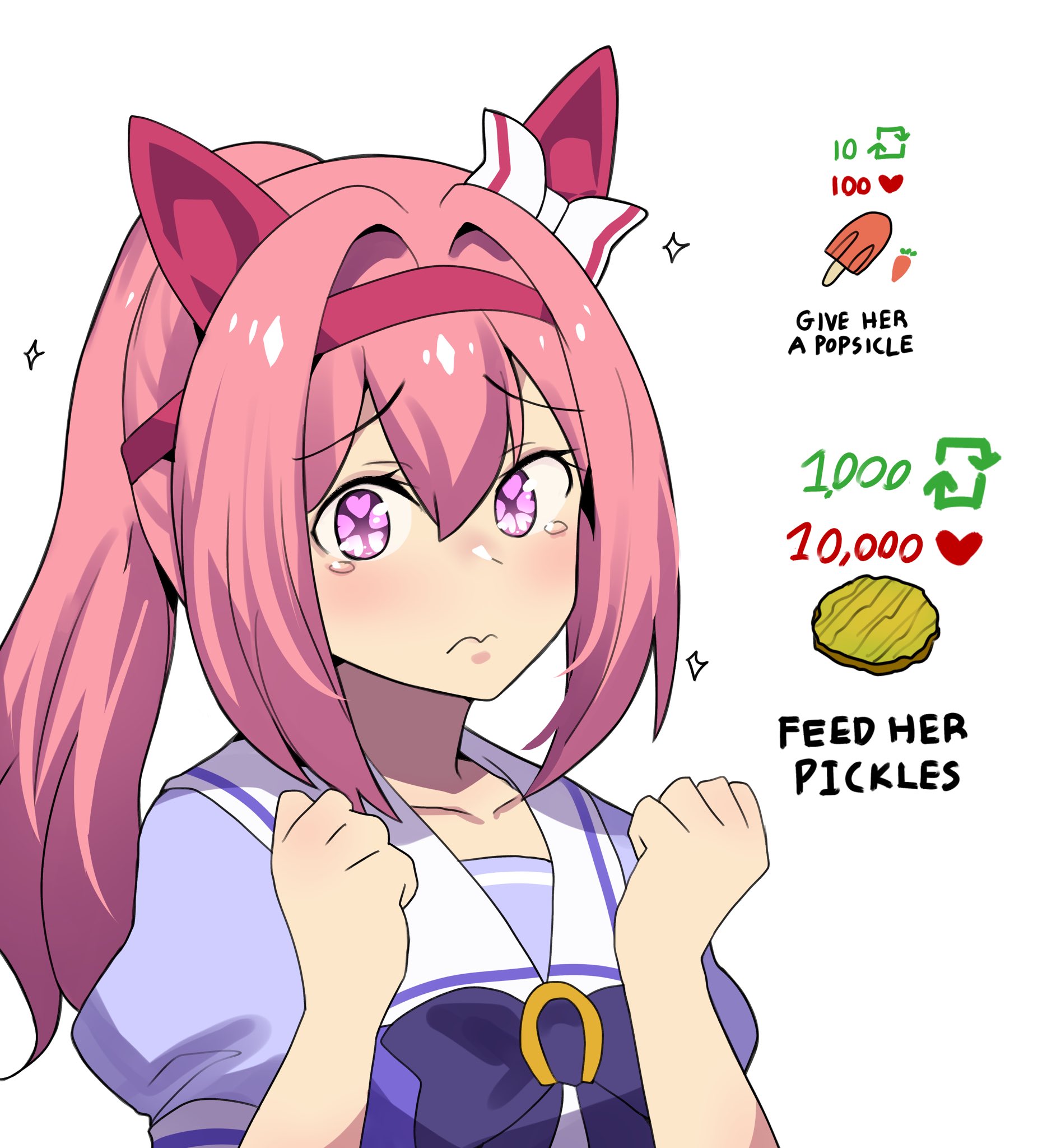 hinghoi, haru urara (umamusume), umamusume, highres, 1girl, animal ears, blush, bow, buruma, carrot, ear bow, ear covers, flower in eye, food, hairband, headband, horse ears, horse girl, long hair, pickle, pink eyes, pink hair, ponytail, popsicle, red buruma, red headband, school uniform, shirt, symbol in eye, tracen school uniform