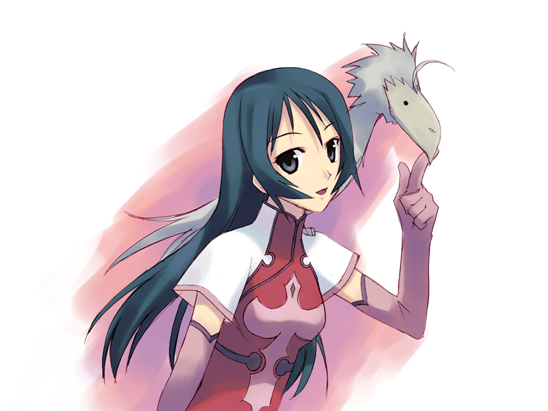 murakami suigun, kotona elegance, f-ism, zoids, zoids genesis, 00s, 1girl, animal, animal on shoulder, bird, bird on shoulder, blue hair, elbow gloves, female focus, gloves, grey eyes, long hair, looking at viewer, solo