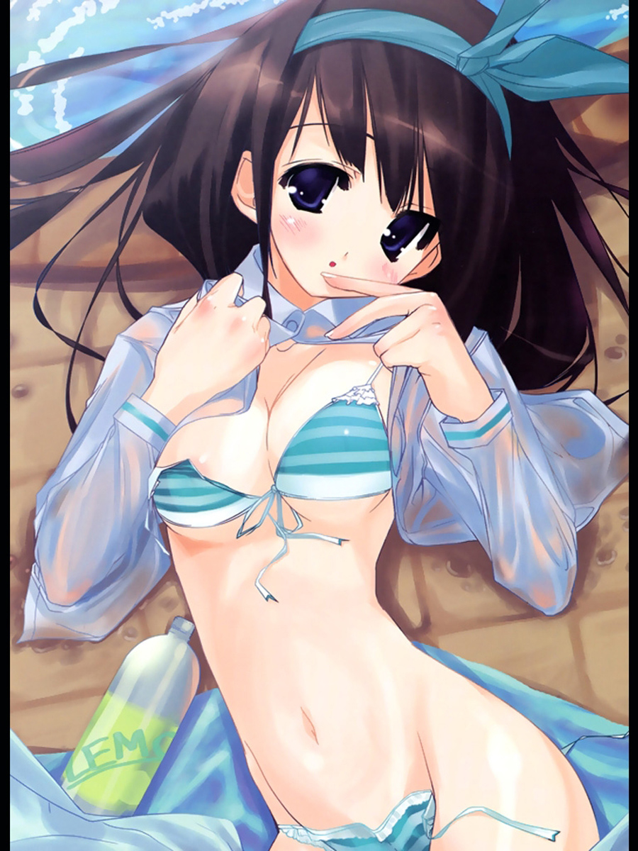 urotan, striped, untied, highres, bikini, black hair, blue eyes, blush, bottle, breasts, brown hair, cleavage, front-tie top, hair ribbon, hairband, long hair, lying, one-piece swimsuit, open clothes, open shirt, ribbon, side-tie bikini bottom, striped bikini, striped one-piece swimsuit, swimsuit, wet, wet clothes